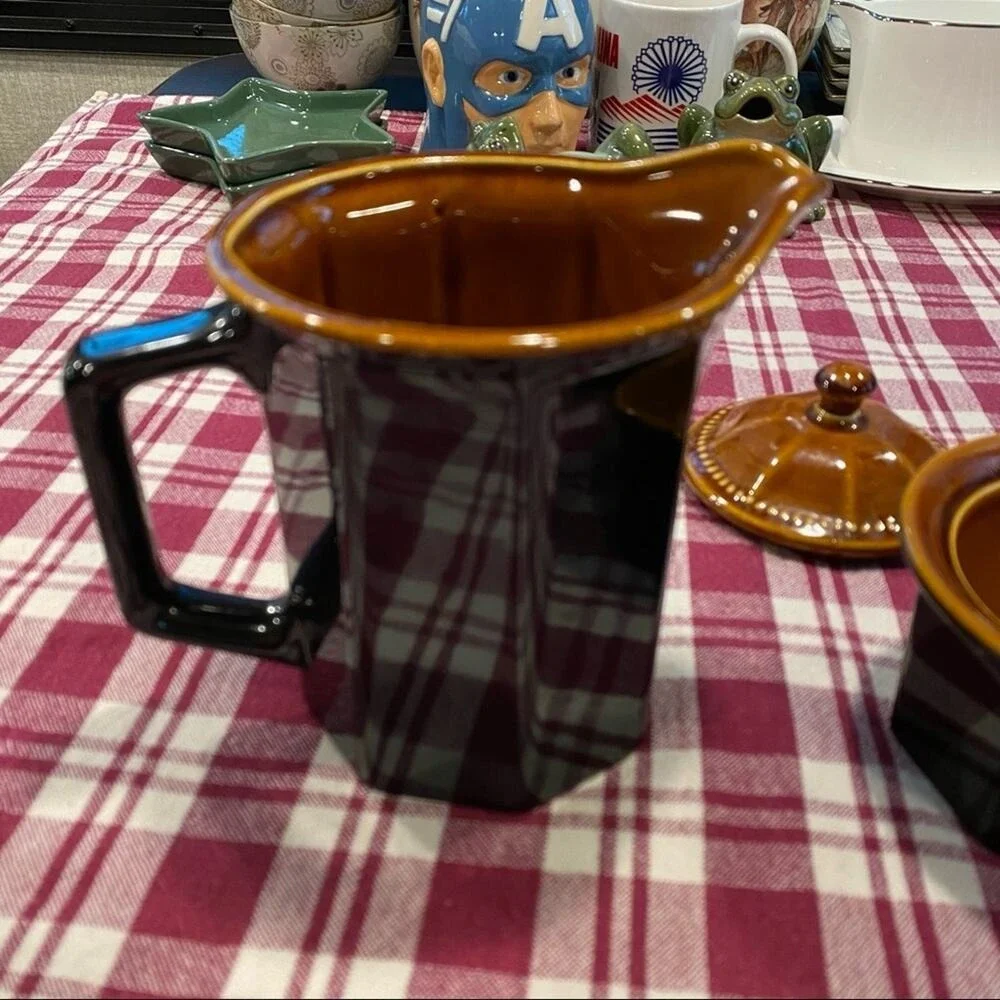 VTG Sears Octagon Amber‎ 3-Piece Set Pitcher, Lidded Sugar Bowl Pattern 4567 USA